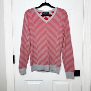 A/X Armani Exchange Mens Small V-Neck Chevron‎ Stripe Red Gray Sweater